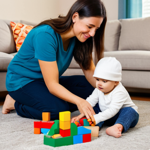 Home 13 A nurturing mother, fully clothed in modest, comfortable attire, sits on the floor in a brightly lit, family-friendly living room, observing her young child (toddler age, fully clothed in appropriate attire) playing with colorful building blocks. The mother has a thoughtful, caring expression, and the child is engaged in play, demonstrating cognitive and motor skill development. The background shows a cozy, supportive home environment with educational toys. Perfect anatomy, correct proportions, natural pose, well-formed hands, proper finger count, natural body proportions, professional photography, high quality, safe for work, appropriate content.