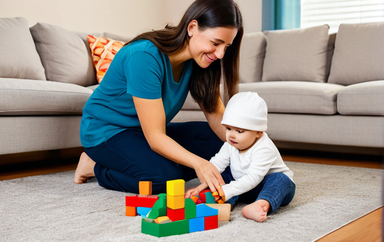 A nurturing mother, fully clothed in modest, comfortable attire, sits on the floor in a brightly lit, family-friendly living room, observing her young child (toddler age, fully clothed in appropriate attire) playing with colorful building blocks. The mother has a thoughtful, caring expression, and the child is engaged in play, demonstrating cognitive and motor skill development. The background shows a cozy, supportive home environment with educational toys. Perfect anatomy, correct proportions, natural pose, well-formed hands, proper finger count, natural body proportions, professional photography, high quality, safe for work, appropriate content.