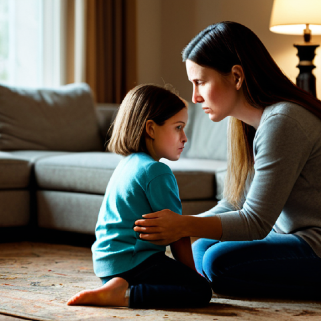 아이와 감정 코칭 대화법 - **Prompt:** A mother patiently listening to her daughter, who is visibly upset, in a cozy living roo...