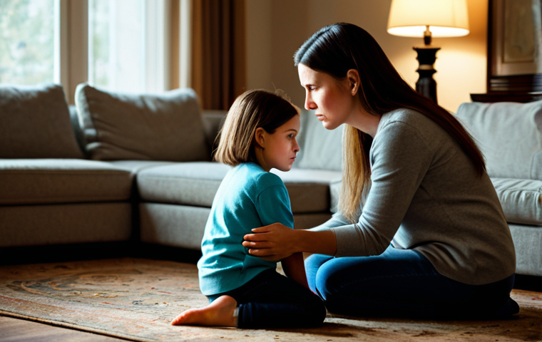 아이와 감정 코칭 대화법 - **Prompt:** A mother patiently listening to her daughter, who is visibly upset, in a cozy living roo...
