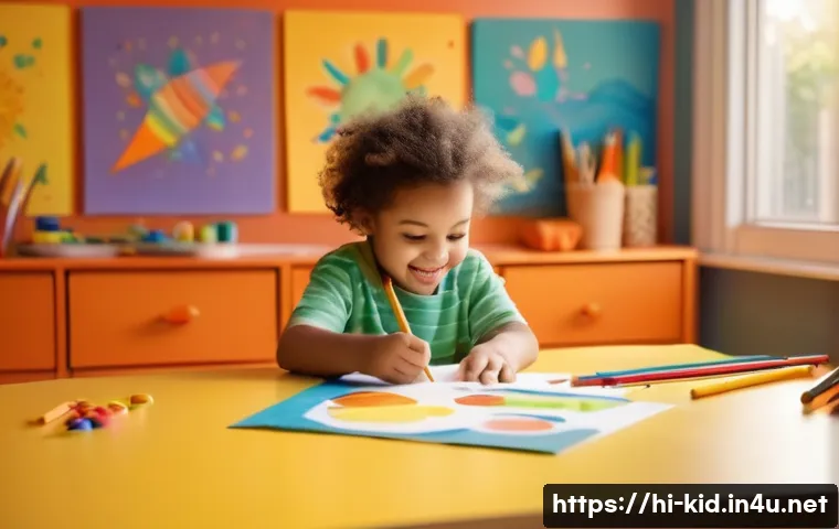 아동 미술 심리 분석 - **Prompt:** A young child, approximately 6-8 years old, fully clothed in comfortable everyday wear, ...