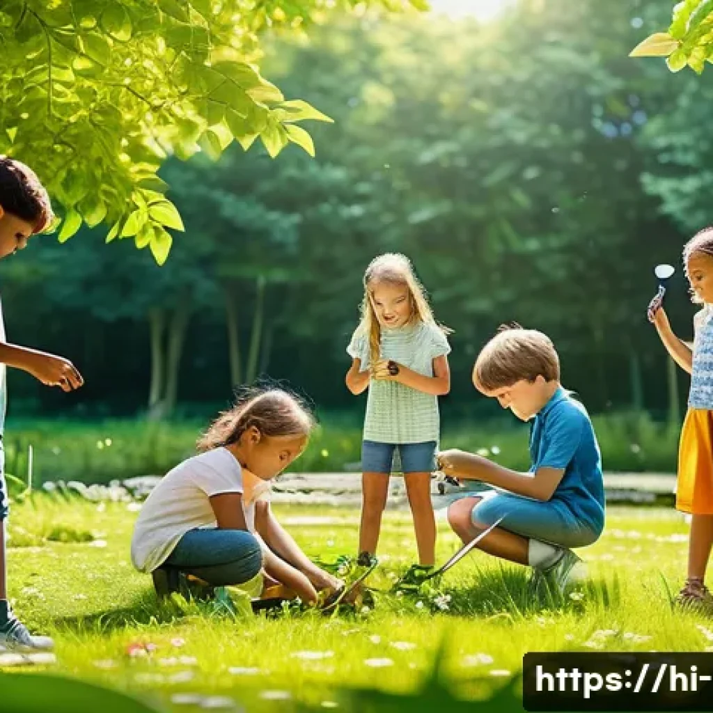 유아기 환경 교육 - A vibrant outdoor scene showing a diverse group of children aged around 7-10, wearing casual summer ...