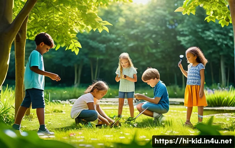 유아기 환경 교육 - A vibrant outdoor scene showing a diverse group of children aged around 7-10, wearing casual summer ...