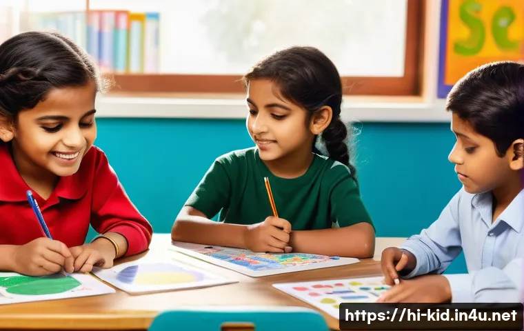 유아기 다중지능 이론 - A diverse group of Indian children in a colorful classroom setting, each engaged in different activi...