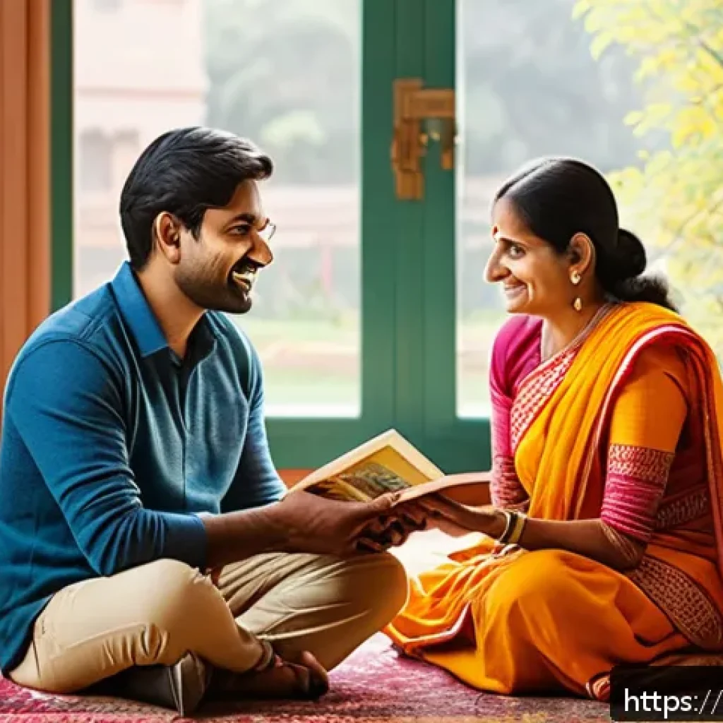 발음 지도 방법 - A warm, cozy family living room scene showing an Indian mother and father encouraging their young Hi...