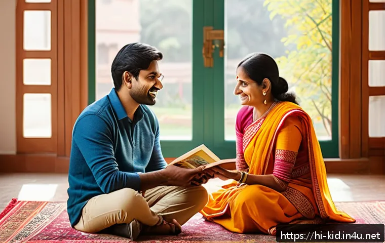발음 지도 방법 - A warm, cozy family living room scene showing an Indian mother and father encouraging their young Hi...