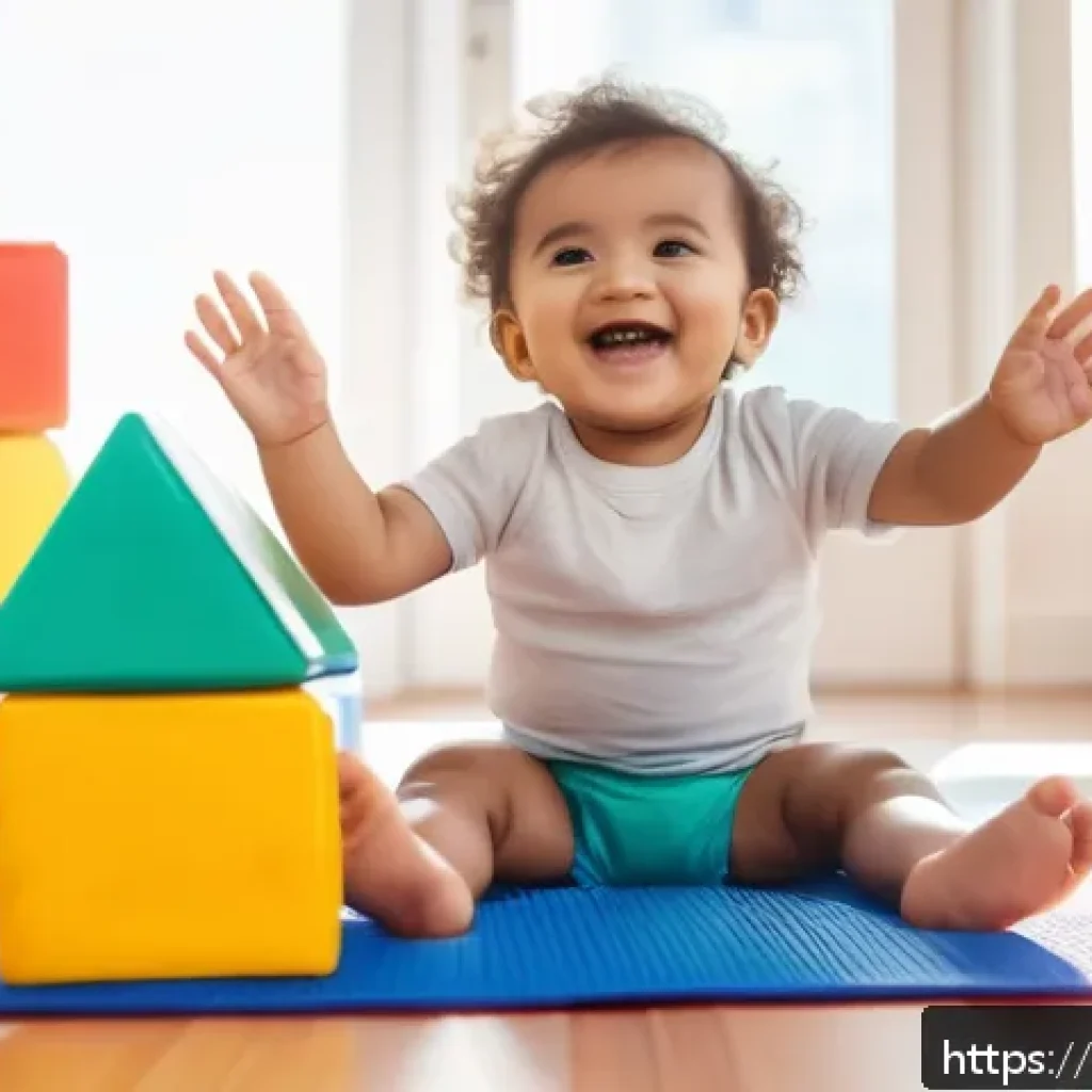 영유아 협응력 발달 - A joyful toddler wearing a colorful diaper playing with bright, large building blocks on a soft play...