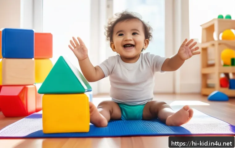 영유아 협응력 발달 - A joyful toddler wearing a colorful diaper playing with bright, large building blocks on a soft play...