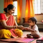 영유아 사회적 기술 훈련 - A warm and tender scene of an Indian mother sitting on the floor with her toddler in a traditional l...