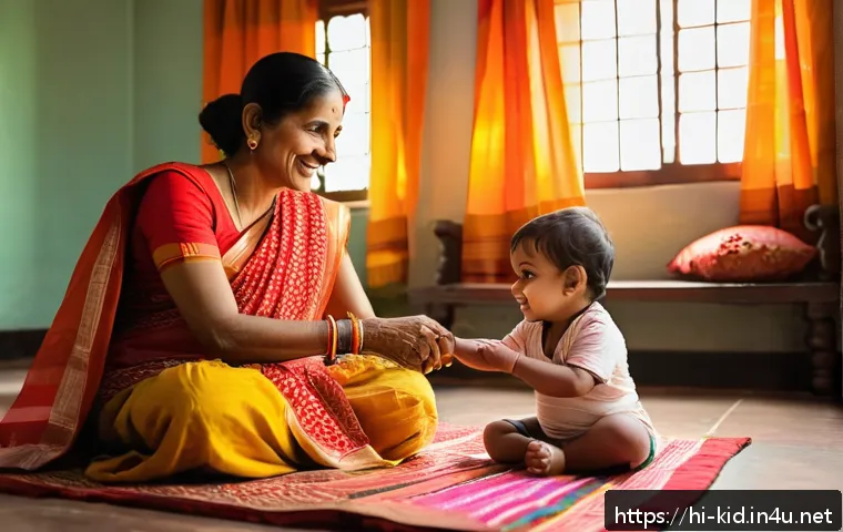 영유아 사회적 기술 훈련 - A warm and tender scene of an Indian mother sitting on the floor with her toddler in a traditional l...