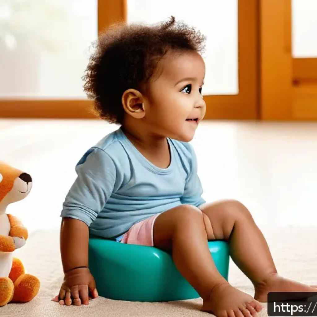 유아기 대소변 훈련 - A warm, cozy nursery scene showing a toddler wearing a colorful diaper sitting comfortably on a smal...