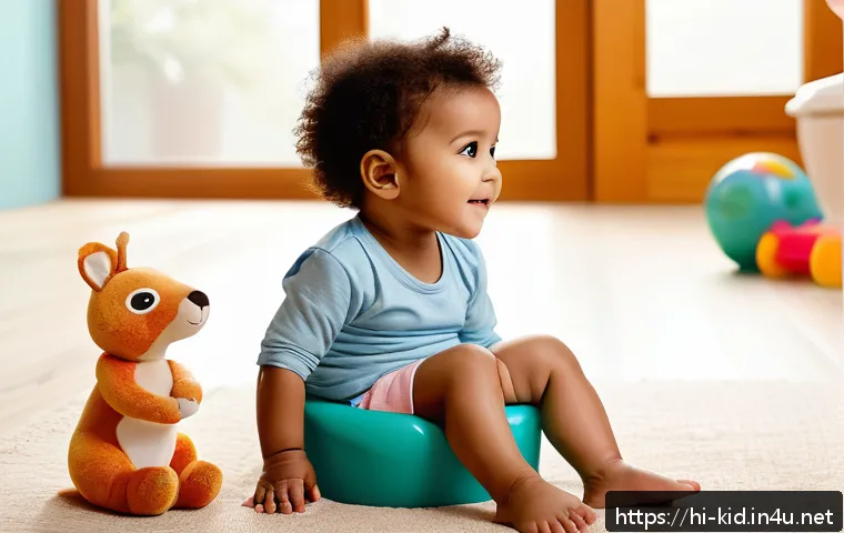 유아기 대소변 훈련 - A warm, cozy nursery scene showing a toddler wearing a colorful diaper sitting comfortably on a smal...
