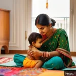 영유아 정서 조절 지도 - A warm, intimate scene of an Indian mother attentively observing her toddler&rsquo;s subtle emotional cues...