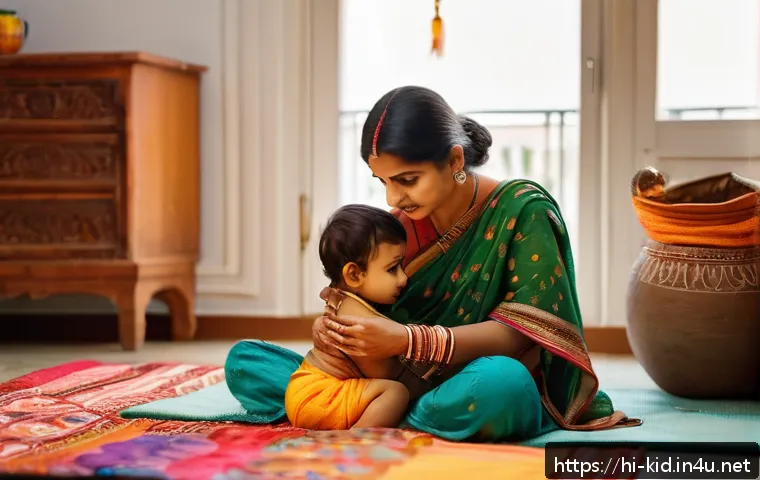 영유아 정서 조절 지도 - A warm, intimate scene of an Indian mother attentively observing her toddler&rsquo;s subtle emotional cues...