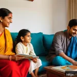 동화책을 활용한 공감 교육 - A warm, colorful scene of a Hindi-speaking Indian family sitting together in a cozy living room, rea...