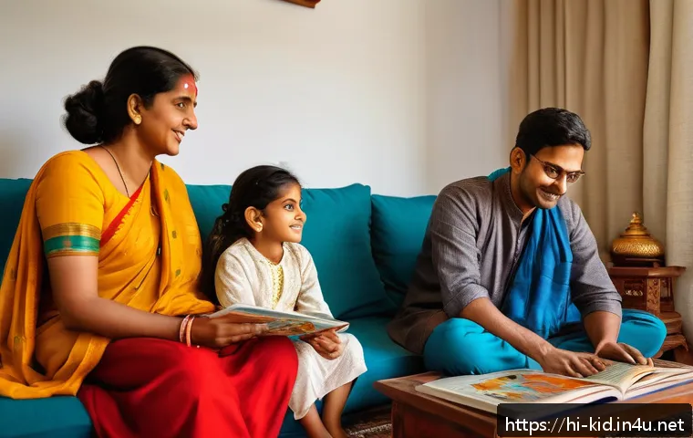 동화책을 활용한 공감 교육 - A warm, colorful scene of a Hindi-speaking Indian family sitting together in a cozy living room, rea...