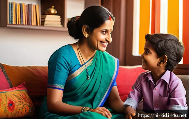 유아기 발표력 향상법 - A warm and inviting scene of a Hindi-speaking mother and her young child sitting together in a cozy ...
