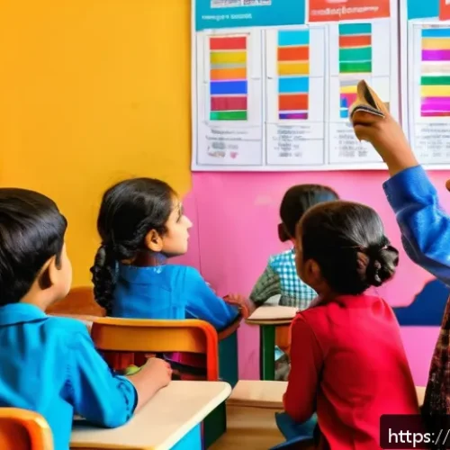 아동 관찰 및 평가 방법 - A classroom scene showing a diverse group of young Indian children aged around 7-9, attentively focu...