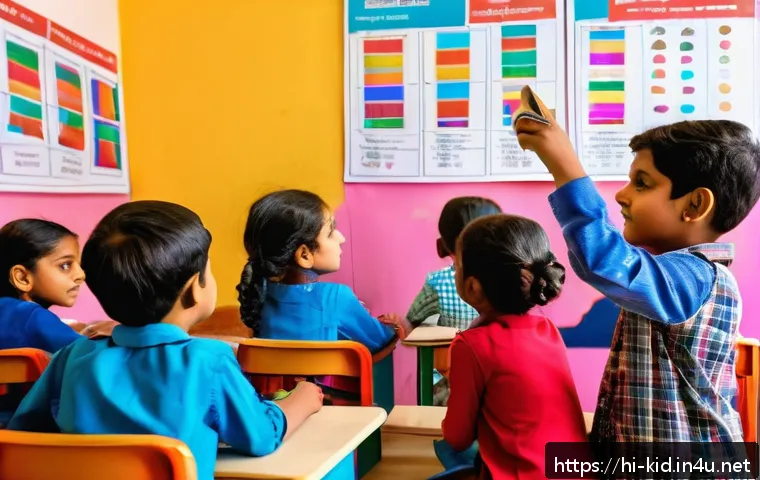 아동 관찰 및 평가 방법 - A classroom scene showing a diverse group of young Indian children aged around 7-9, attentively focu...
