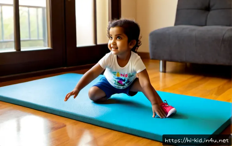 영유아 기초 체력 키우기 - Photorealistic Indian mother guiding her fully clothed toddler through gentle floor exercises on a c...