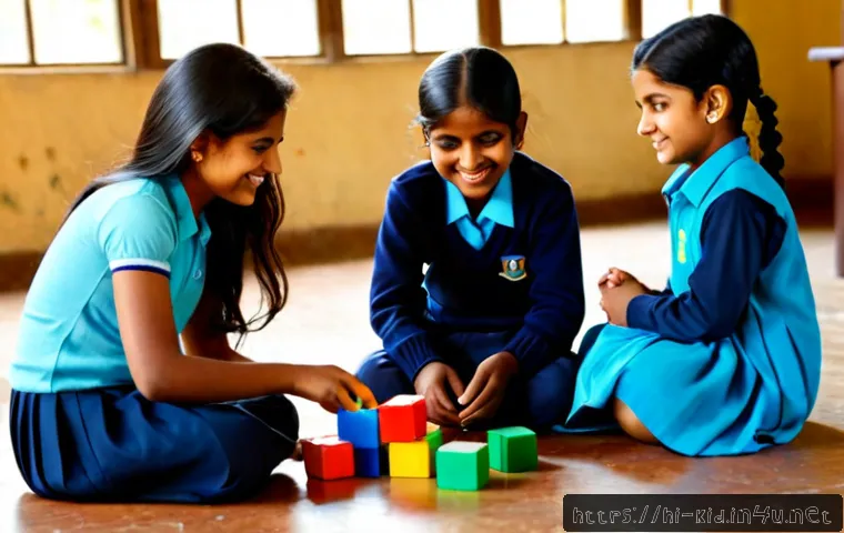 아이의 사회성 기르기 - Photorealistic scene of three Indian primary school children sharing colorful building blocks on a c...