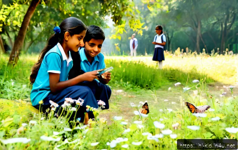 자연 탐구 활동 - Photorealistic Indian primary school children on a guided nature exploration activity in a sunlit pa...